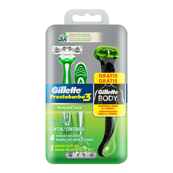 APARELHO PRESTOBARBA 3 SENSE CARE COM 4 GRATIS APARELHO GILLETTE BODY