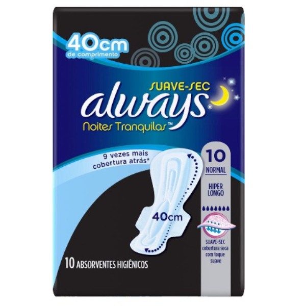 ABSORVENTE ALWAYS NOTURNO 40CM SECA COM ABAS COM 10 UN