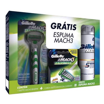 Kit Aparelho de Barbear Gillette Mach 3 Sensitive + 2 Cargas - Grátis Espuma de Barbear