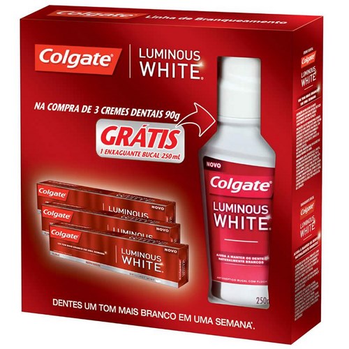 Creme dental COLGATE Luminous White com 3 Und. Gratis Enx. Bucal 250ml